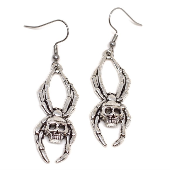 Any 2/$20! Silver Skull Spider Drop Earrings - Picture 6 of 7
